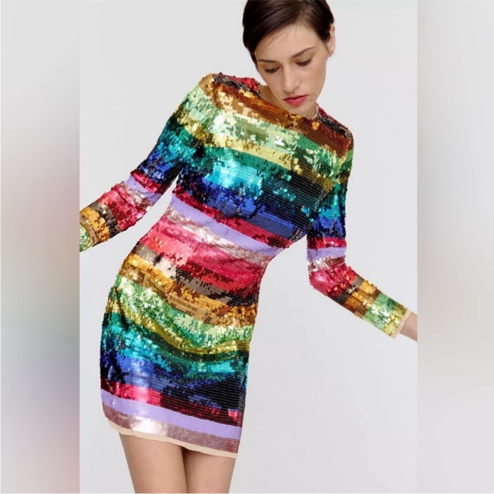 NWT Mac Duggal Rainbow Sequin Long Sleeve Bodycon Dress